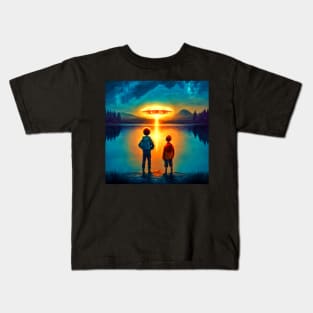 Kids watching a UFO hovering above a lake Kids T-Shirt